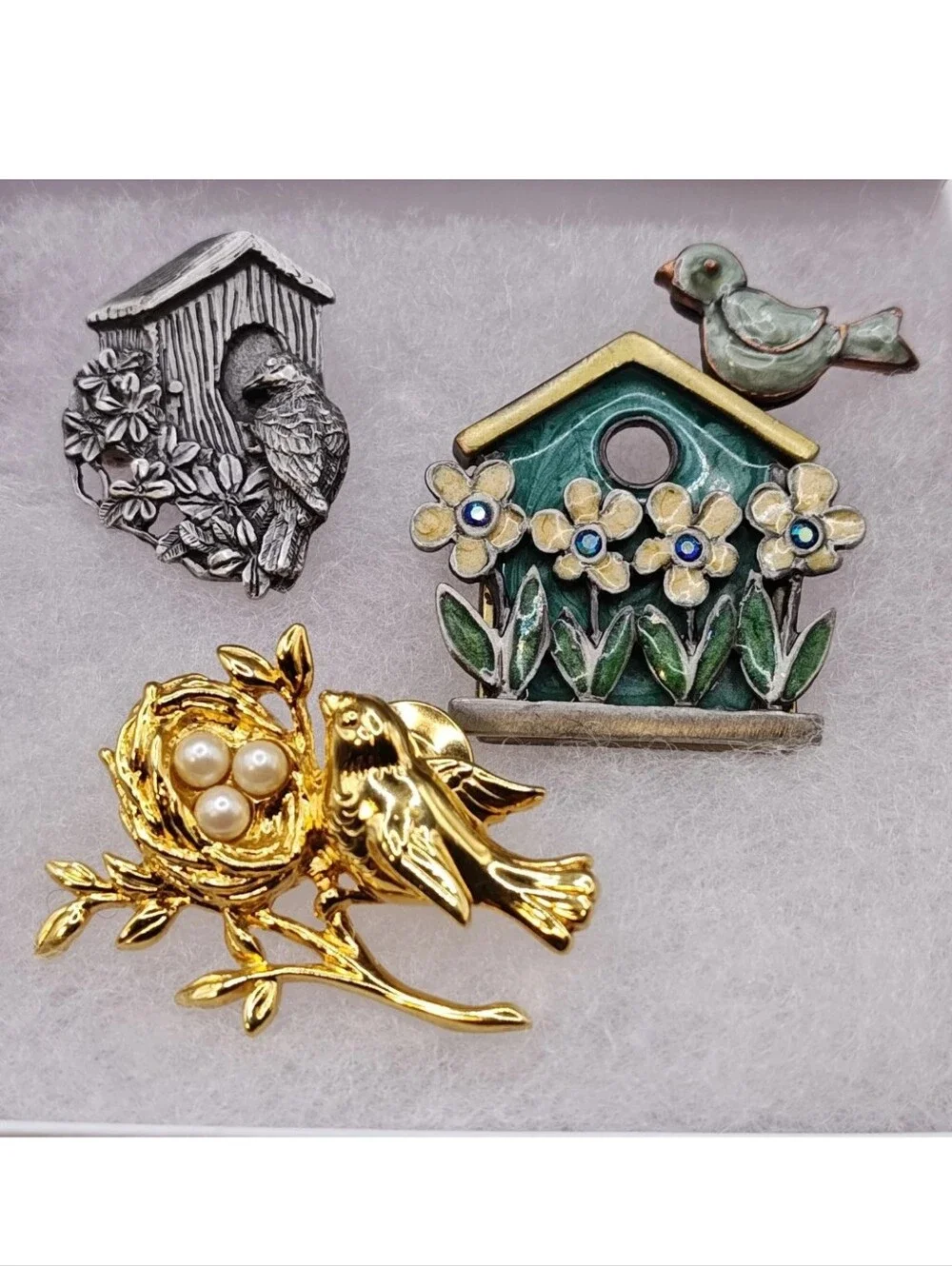 Vintage 2 Bird House Brooches 1 Bird Nest Lapel Hat Pin Birds & Bloom 90s TC